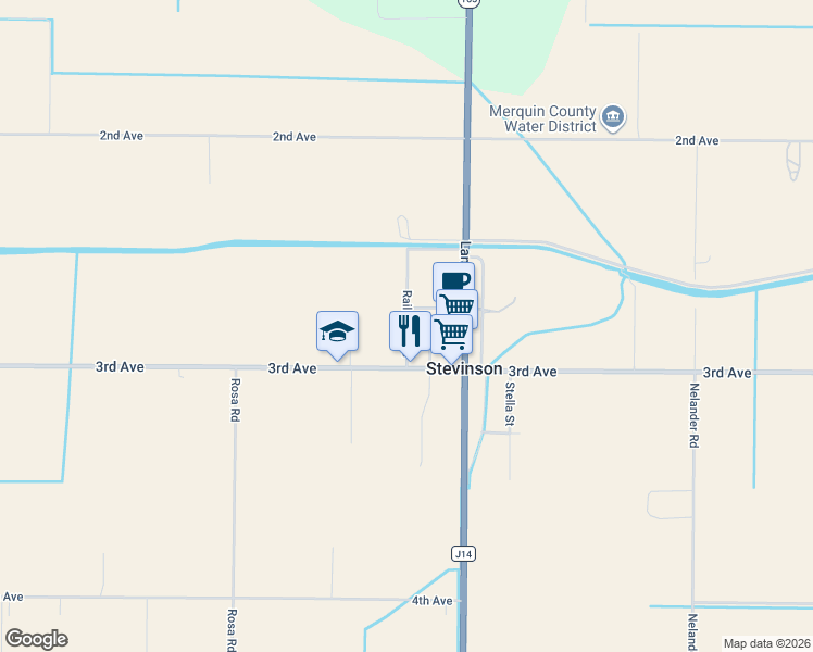 map of restaurants, bars, coffee shops, grocery stores, and more near 2817 Railroad Avenue in Stevinson