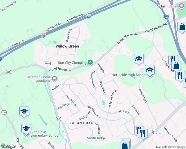 map of restaurants, bars, coffee shops, grocery stores, and more near 5459 Eveningwood Lane in Roanoke