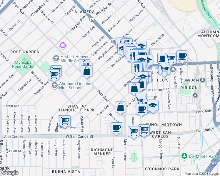 map of restaurants, bars, coffee shops, grocery stores, and more near in San Jose