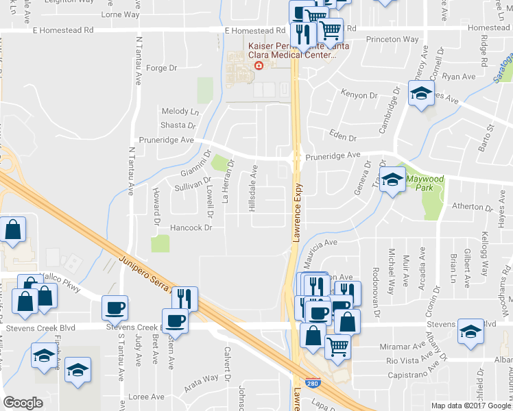 map of restaurants, bars, coffee shops, grocery stores, and more near 331 Hillsdale Avenue in Santa Clara