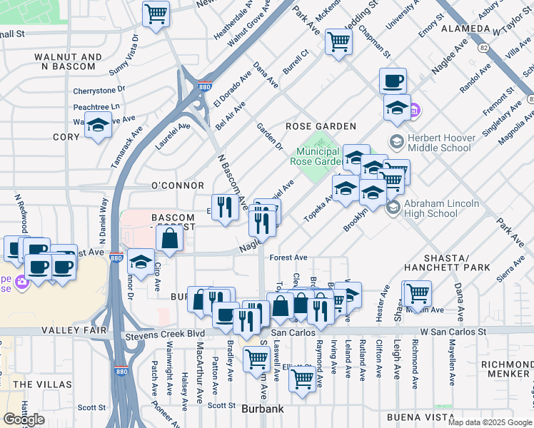 map of restaurants, bars, coffee shops, grocery stores, and more near 1940 McDaniel Avenue in San Jose