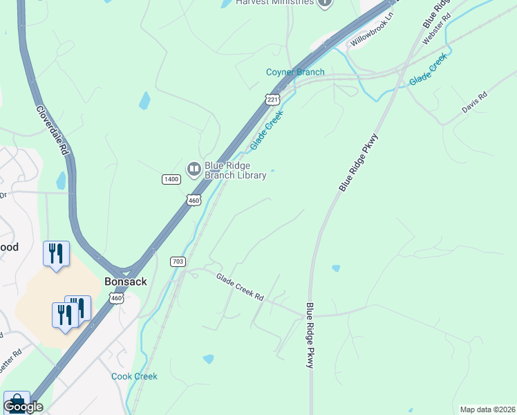 map of restaurants, bars, coffee shops, grocery stores, and more near 4854 Glade Creek Road in Roanoke
