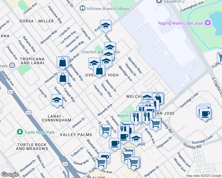 map of restaurants, bars, coffee shops, grocery stores, and more near 2111 Nassau Dr in San Jose
