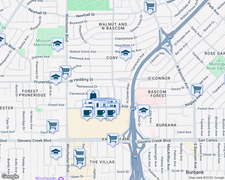 map of restaurants, bars, coffee shops, grocery stores, and more near 728 North Clover Avenue in San Jose