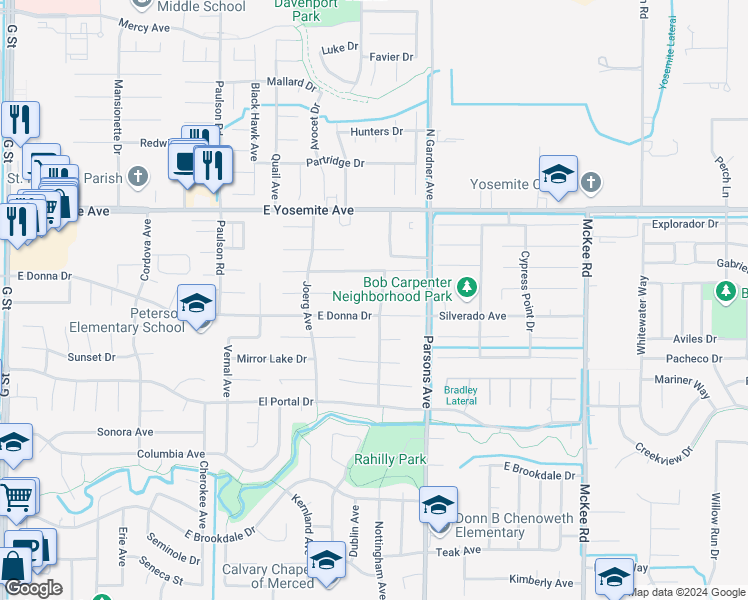 map of restaurants, bars, coffee shops, grocery stores, and more near 3493 Cascade Creek Avenue in Merced