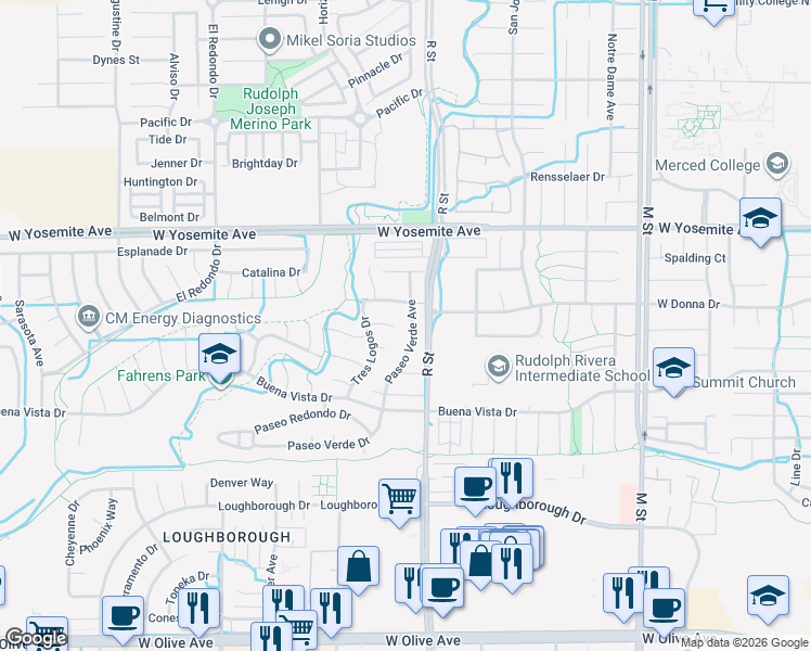 map of restaurants, bars, coffee shops, grocery stores, and more near 3487 Paseo Verde Avenue in Merced