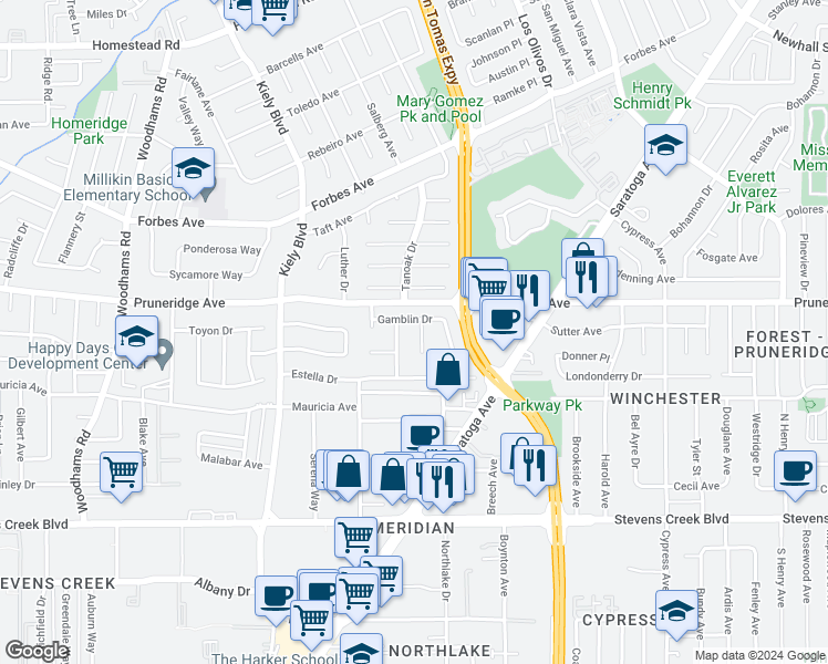 map of restaurants, bars, coffee shops, grocery stores, and more near 352 Lester Court in Santa Clara
