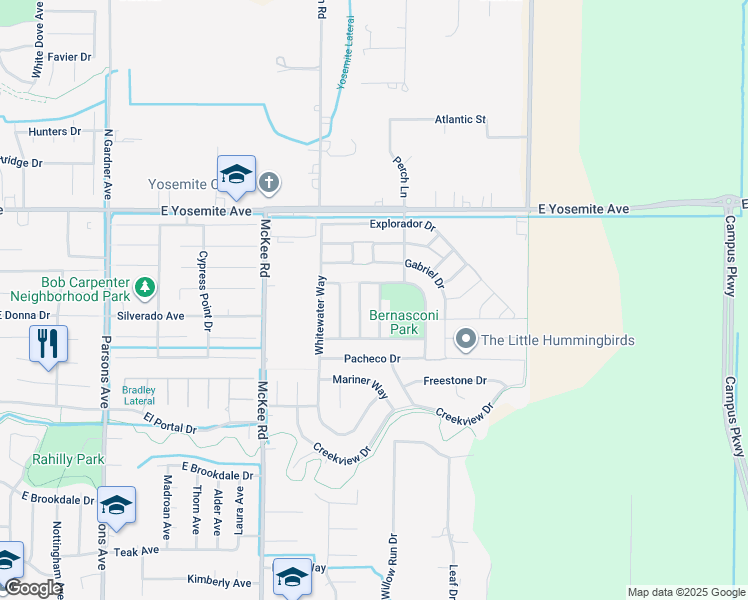 map of restaurants, bars, coffee shops, grocery stores, and more near 3773 De Soto Way in Merced