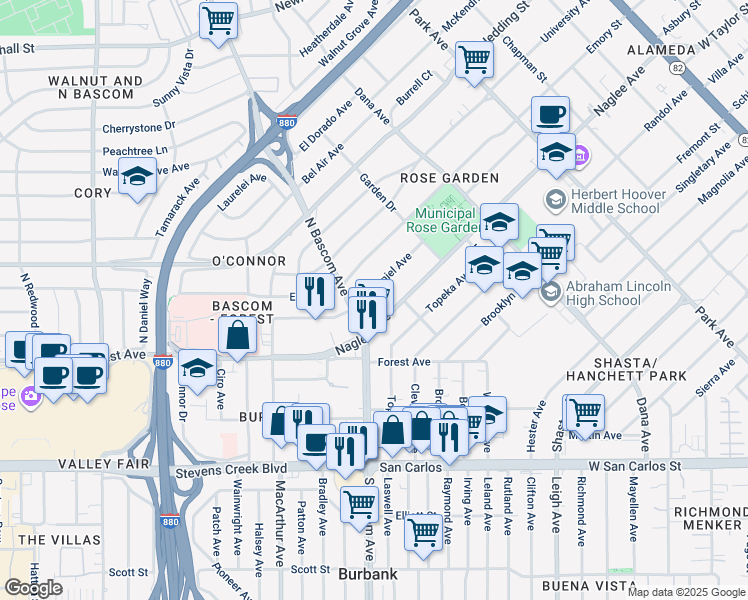 map of restaurants, bars, coffee shops, grocery stores, and more near 1940 McDaniel Avenue in San Jose