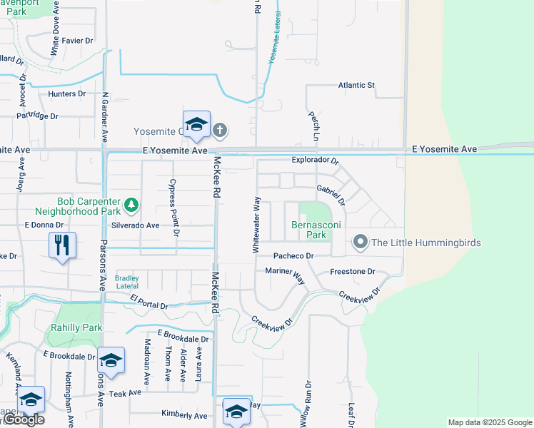 map of restaurants, bars, coffee shops, grocery stores, and more near 3775 Magellan Drive in Merced