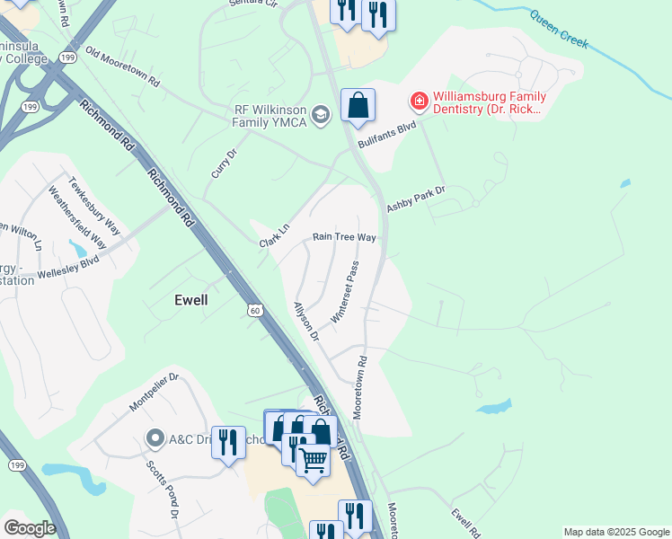 map of restaurants, bars, coffee shops, grocery stores, and more near 119 Indian Summer Lane in Williamsburg