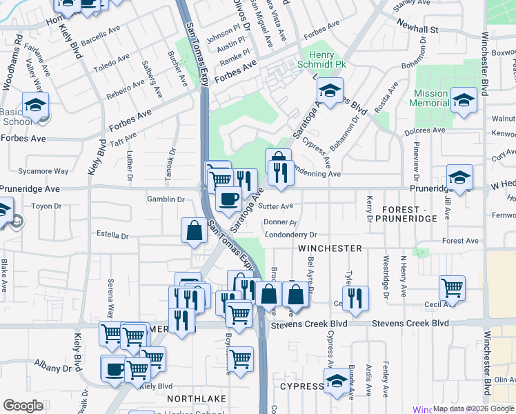 map of restaurants, bars, coffee shops, grocery stores, and more near 267 Saratoga Avenue in Santa Clara