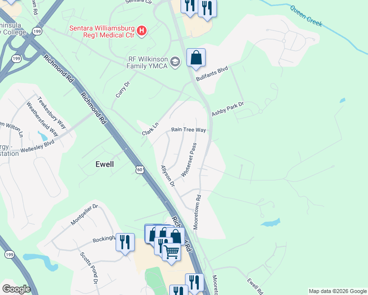 map of restaurants, bars, coffee shops, grocery stores, and more near 119 Indian Summer Lane in Williamsburg