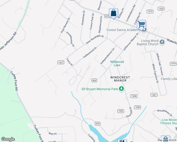 map of restaurants, bars, coffee shops, grocery stores, and more near 604 Goose Meadow Drive in Forest