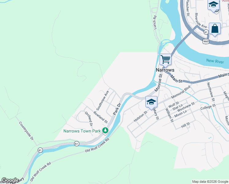 map of restaurants, bars, coffee shops, grocery stores, and more near 100 Dogwood Lane in Narrows