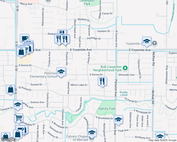 map of restaurants, bars, coffee shops, grocery stores, and more near 3506 Joerg Avenue in Merced