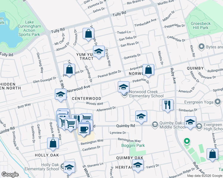 map of restaurants, bars, coffee shops, grocery stores, and more near 2841 Centerwood Court in San Jose