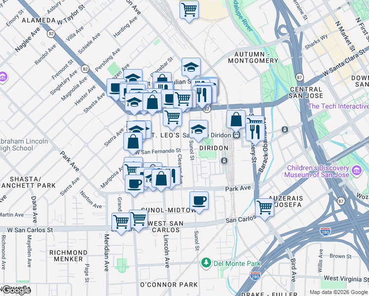 map of restaurants, bars, coffee shops, grocery stores, and more near 98 Sunol Street in San Jose