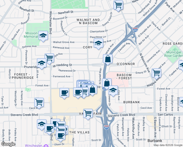 map of restaurants, bars, coffee shops, grocery stores, and more near 711 North Genevieve Lane in San Jose