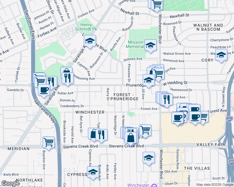 map of restaurants, bars, coffee shops, grocery stores, and more near 707 North Henry Avenue in San Jose