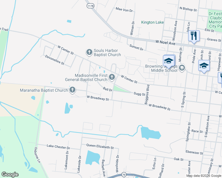 map of restaurants, bars, coffee shops, grocery stores, and more near 901-1045 Bell Drive in Madisonville