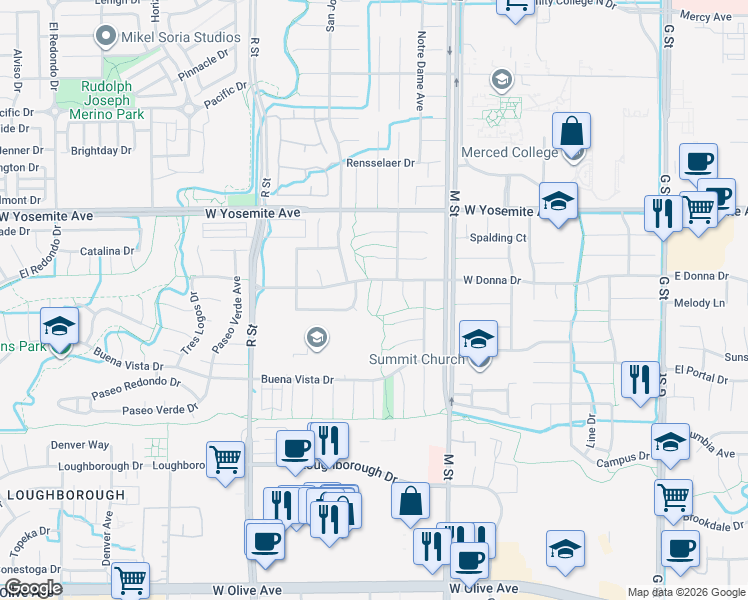 map of restaurants, bars, coffee shops, grocery stores, and more near 3437 Bautista Court in Merced