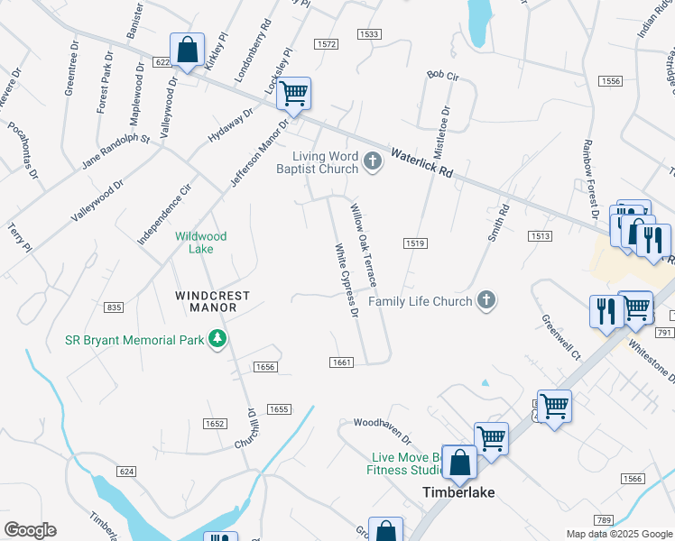 map of restaurants, bars, coffee shops, grocery stores, and more near 197 White Cypress Drive in Forest