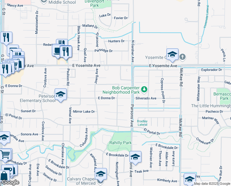 map of restaurants, bars, coffee shops, grocery stores, and more near 3493 Cascade Creek Avenue in Merced