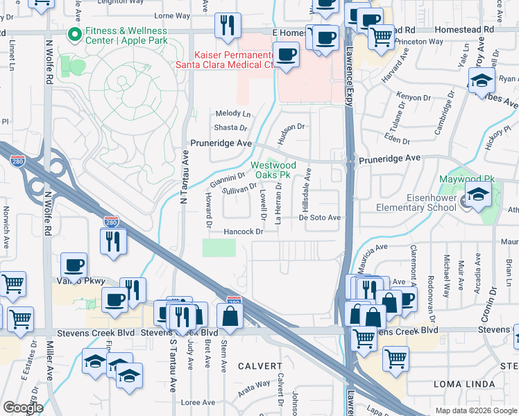 map of restaurants, bars, coffee shops, grocery stores, and more near 342 Lowell Drive in Santa Clara
