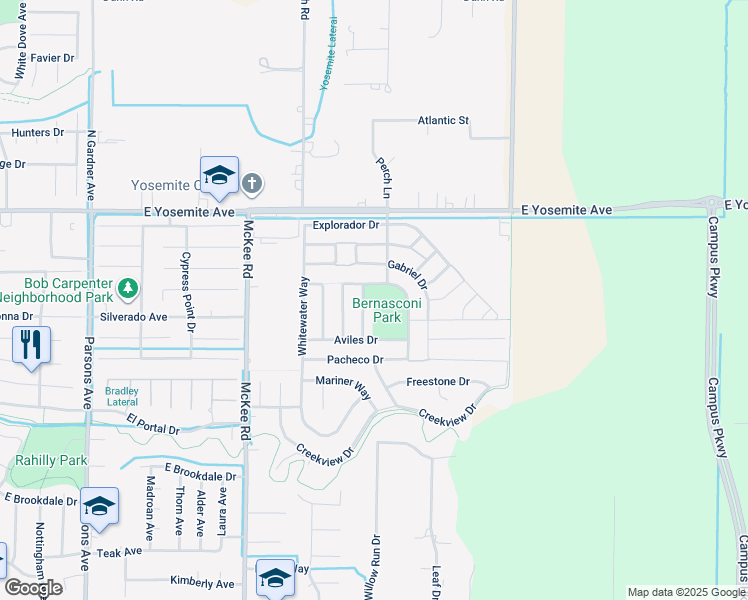map of restaurants, bars, coffee shops, grocery stores, and more near 3758 De Soto Way in Merced