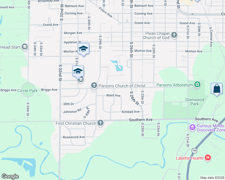 map of restaurants, bars, coffee shops, grocery stores, and more near 2800-2808 Briggs Ave in Parsons