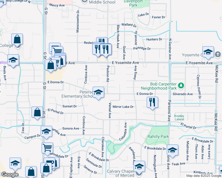 map of restaurants, bars, coffee shops, grocery stores, and more near 1012 Deerfield Court in Merced