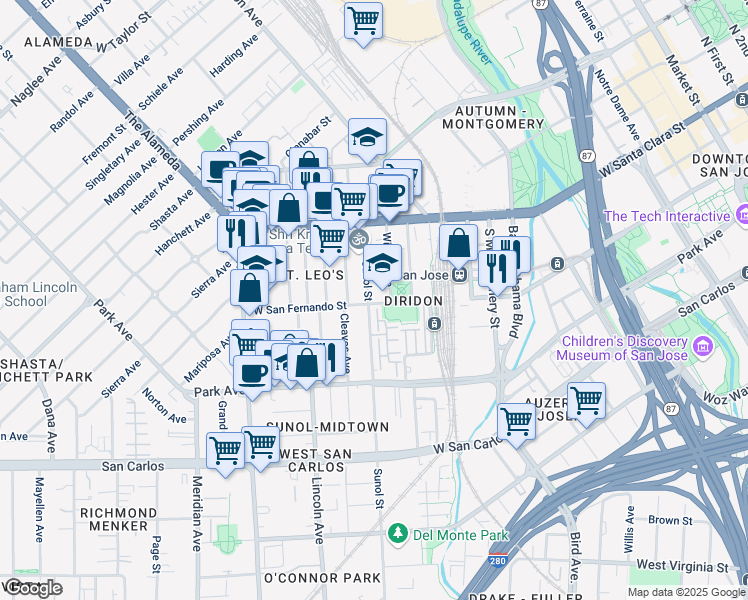 map of restaurants, bars, coffee shops, grocery stores, and more near 98 Sunol Street in San Jose