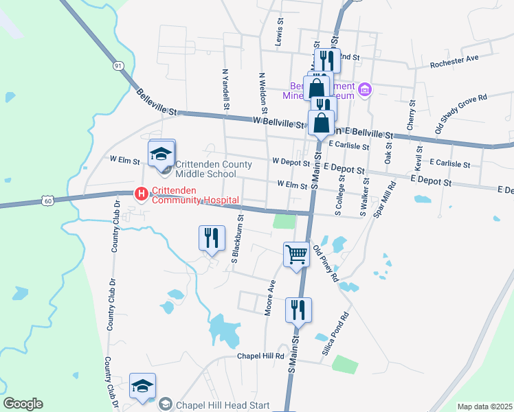 map of restaurants, bars, coffee shops, grocery stores, and more near 307 West Gum Street in Marion