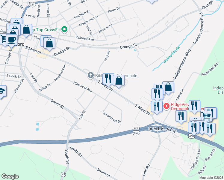 map of restaurants, bars, coffee shops, grocery stores, and more near 962 Piedmont Street in Bedford