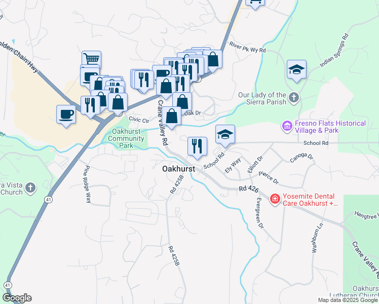 map of restaurants, bars, coffee shops, grocery stores, and more near 49269 Road 426 in Oakhurst