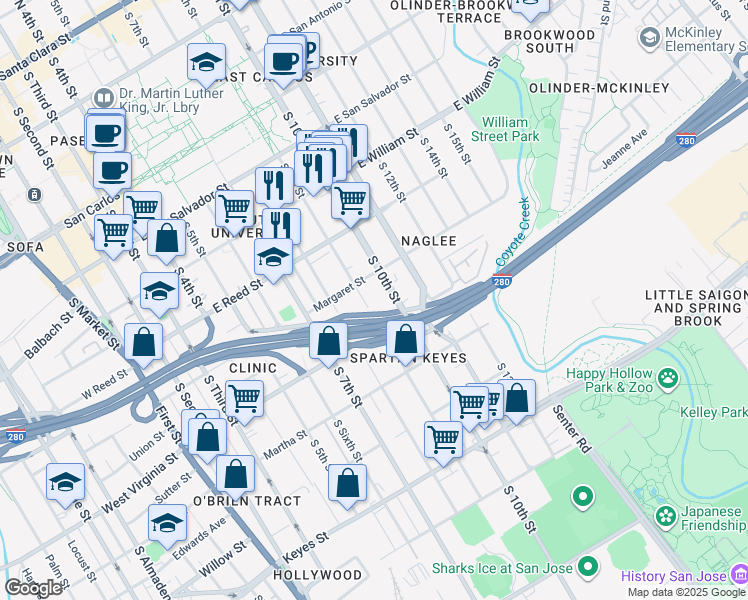 map of restaurants, bars, coffee shops, grocery stores, and more near 742 South 9th Street in San Jose