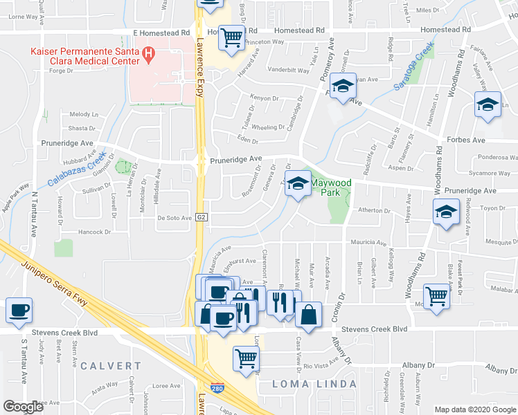 map of restaurants, bars, coffee shops, grocery stores, and more near 3422 Geneva Drive in Santa Clara