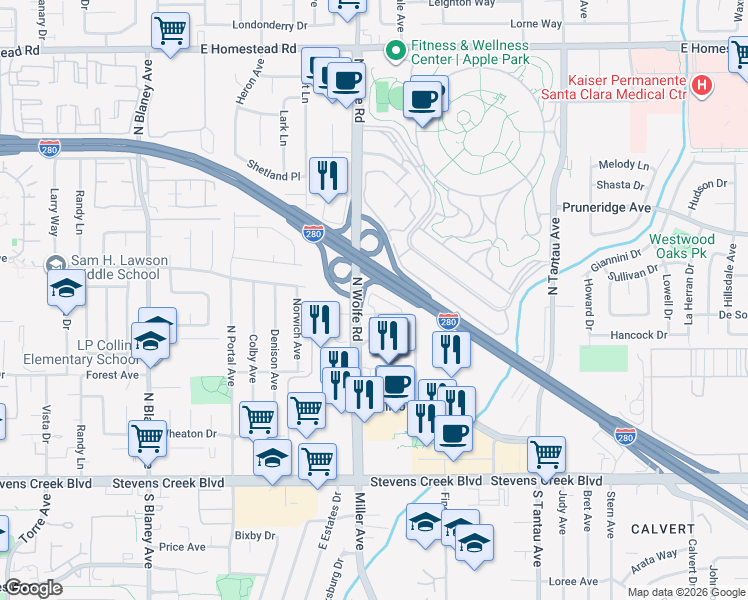 map of restaurants, bars, coffee shops, grocery stores, and more near 10380 Perimeter Road in Cupertino