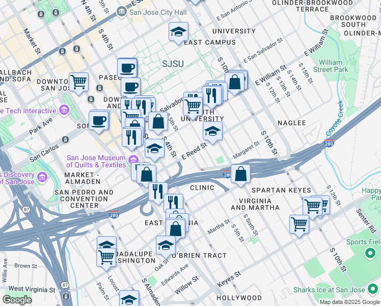 map of restaurants, bars, coffee shops, grocery stores, and more near E Reed St & S 5th St in San Jose