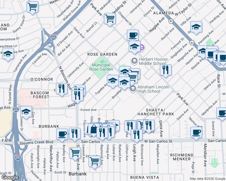 map of restaurants, bars, coffee shops, grocery stores, and more near 1700 Cleveland Avenue in San Jose