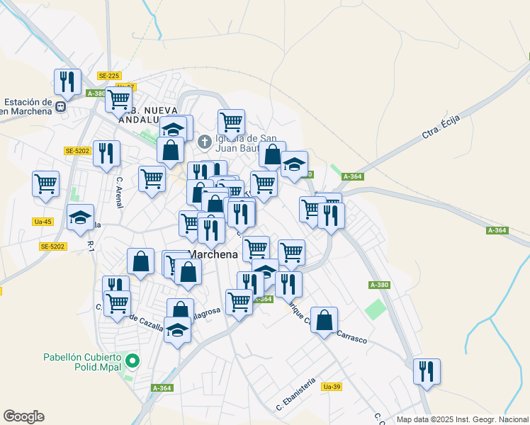map of restaurants, bars, coffee shops, grocery stores, and more near 15 Calle Huerta Gavira in Marchena