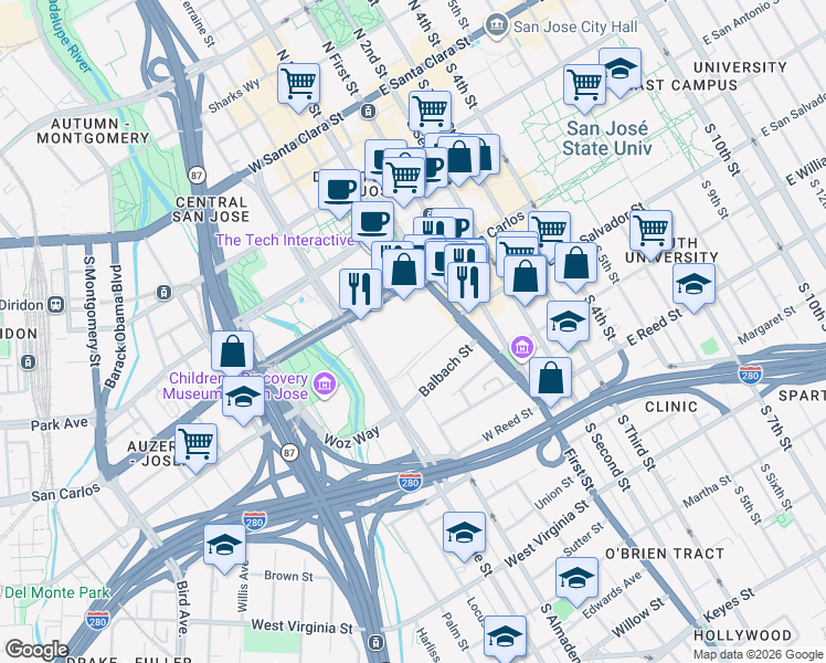 map of restaurants, bars, coffee shops, grocery stores, and more near 150 West San Carlos Street in San Jose