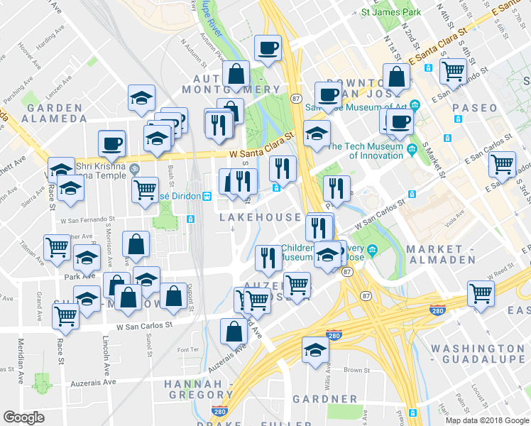 map of restaurants, bars, coffee shops, grocery stores, and more near 125 Gifford Avenue in San Jose
