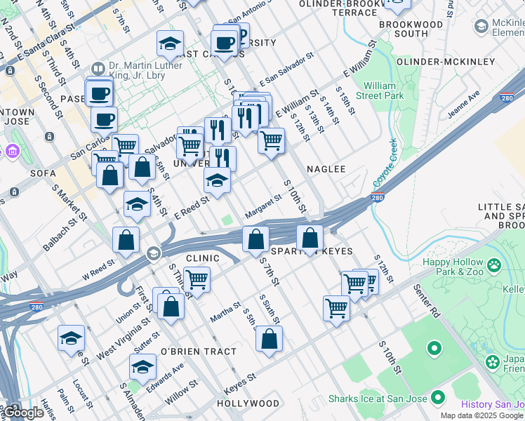 map of restaurants, bars, coffee shops, grocery stores, and more near 706 South 8th Street in San Jose