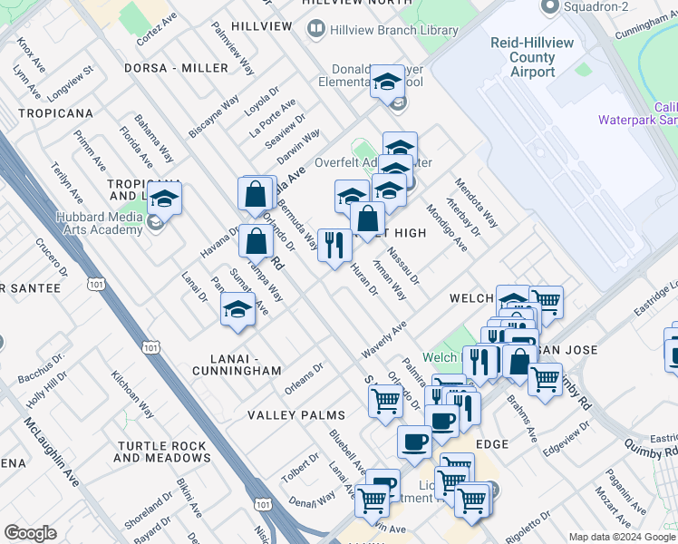 map of restaurants, bars, coffee shops, grocery stores, and more near 1824 Cunningham Avenue in San Jose