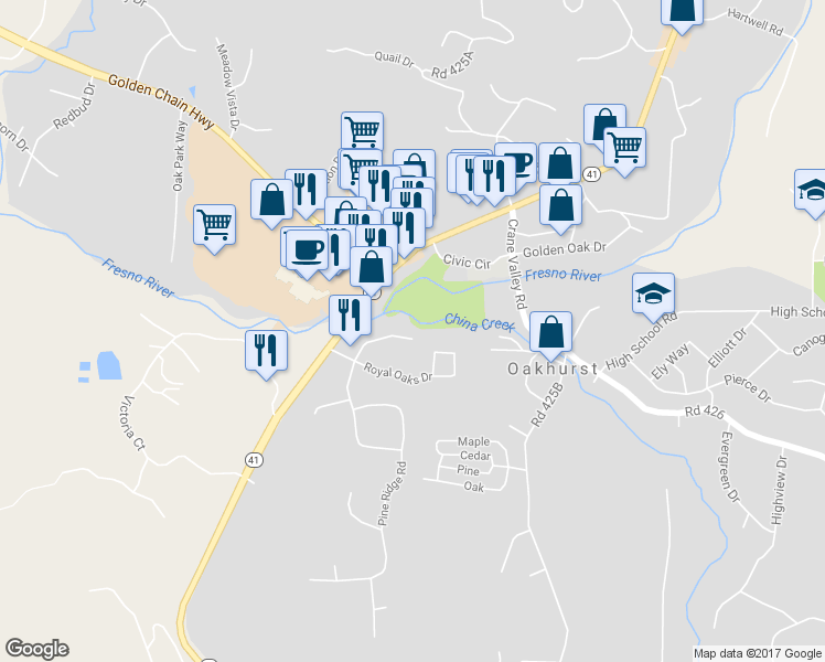 map of restaurants, bars, coffee shops, grocery stores, and more near 48978 River Park Road in Oakhurst