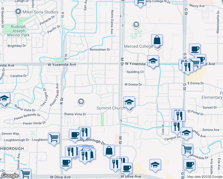 map of restaurants, bars, coffee shops, grocery stores, and more near 3434 Pala Court in Merced