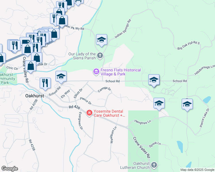 map of restaurants, bars, coffee shops, grocery stores, and more near 49857 Canoga Drive in Oakhurst