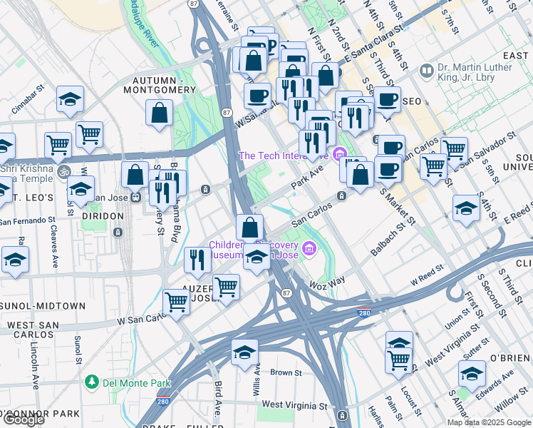 map of restaurants, bars, coffee shops, grocery stores, and more near 333 Woz Way in San Jose